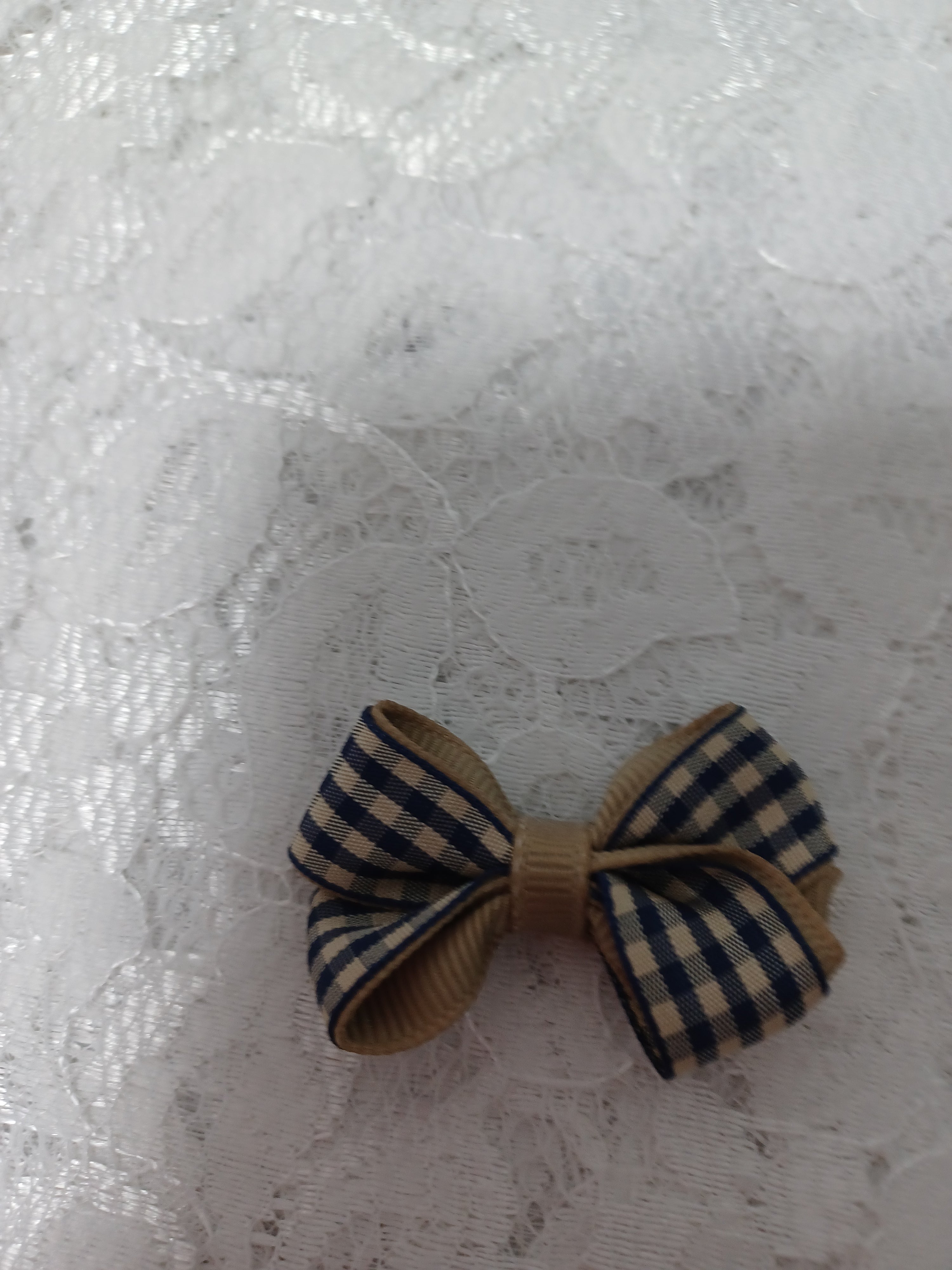 Navy and Tan Gingham Clip Hair Bow